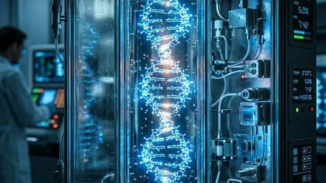 Unit 6 Image: A glowing DNA helix floating in a dark laboratory in pop-art style.