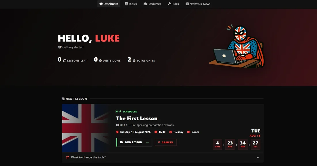 Peachy student dashboard showing the next lesson countdown and join link