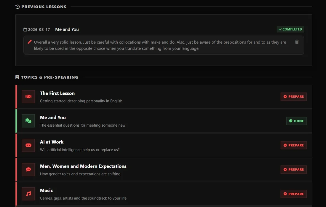 Peachy previous lessons with personal feedback and topic progress