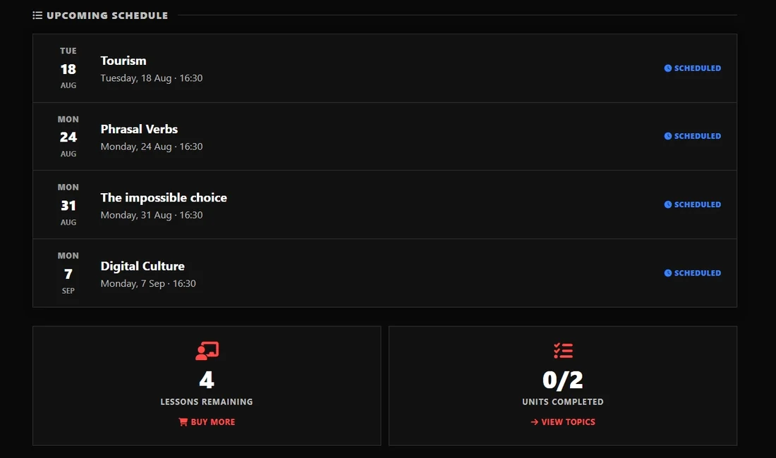 Peachy upcoming schedule showing lessons remaining and units completed