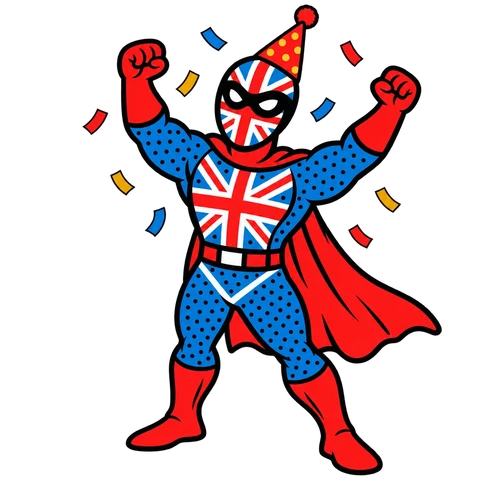 Native UK character celebrating with a party hat and confetti