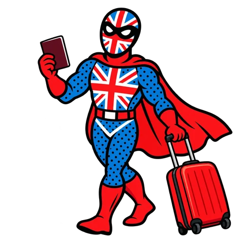 Native UK character travelling with a passport and suitcase