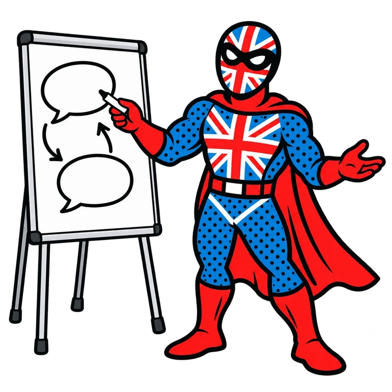 Native UK character teaching with speech bubbles on a whiteboard