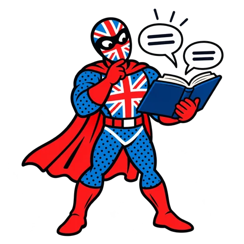Native UK character with a collection of useful English phrases