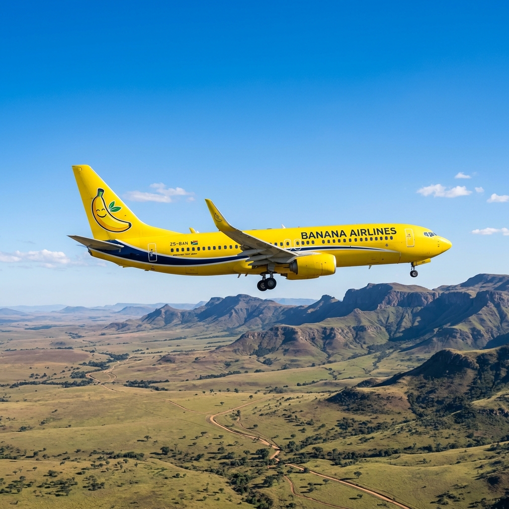 A bright yellow budget commercial airliner in mid-flight with a banana logo on the tail