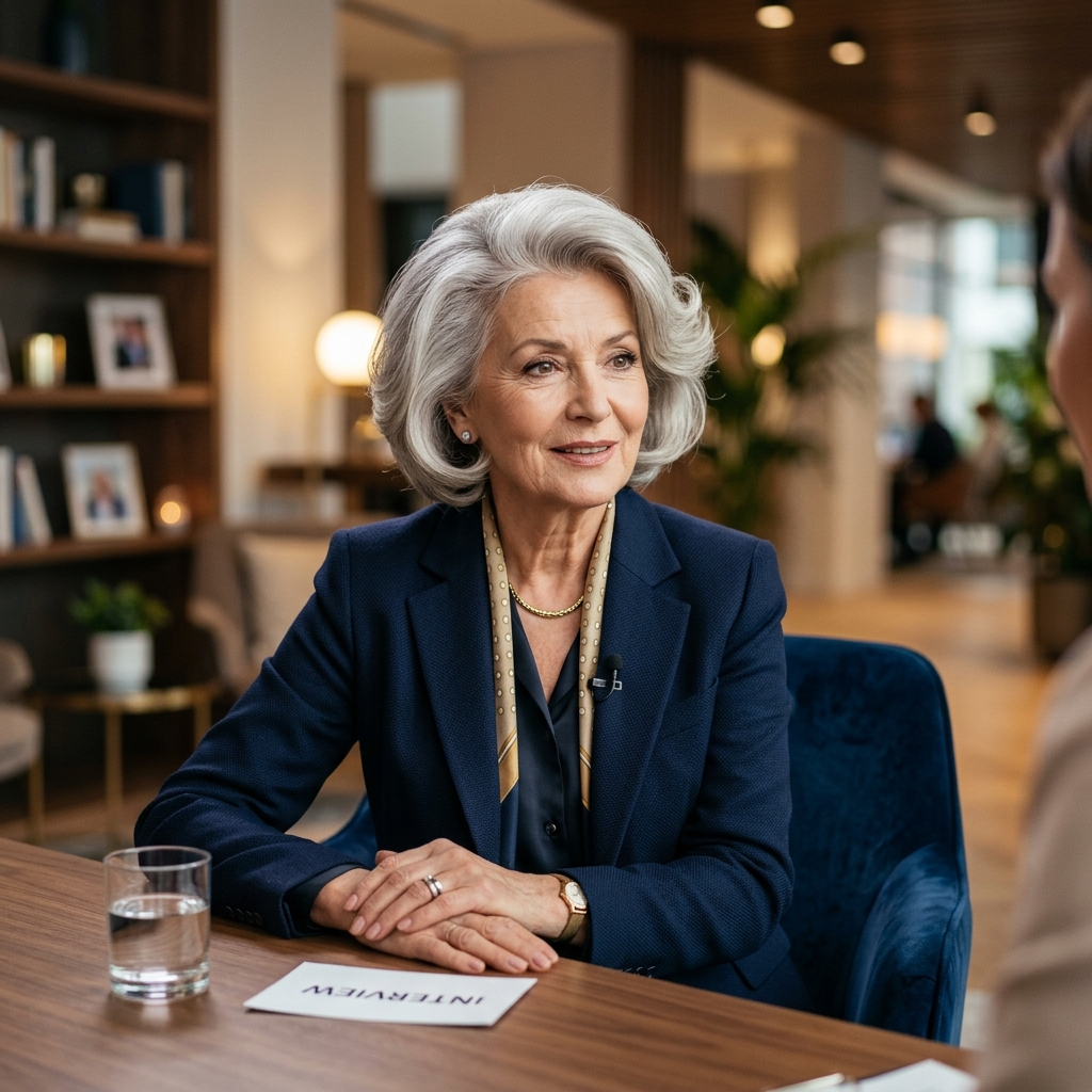 A sophisticated shot of Agata, a glamorous 70-year-old woman, sitting in a velvet chair for an interview