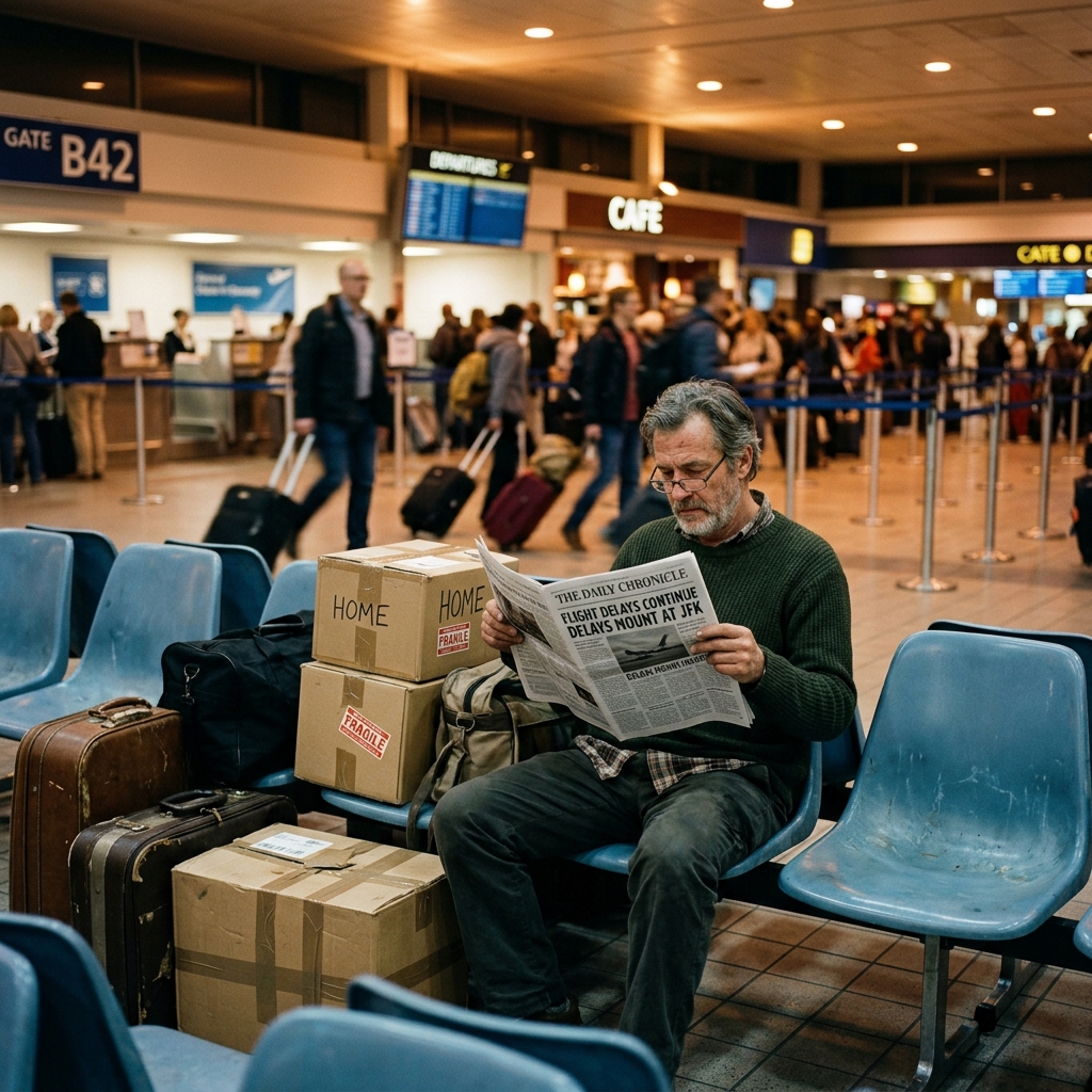 A man sitting on a red airport bench surrounded by suitcases and books
