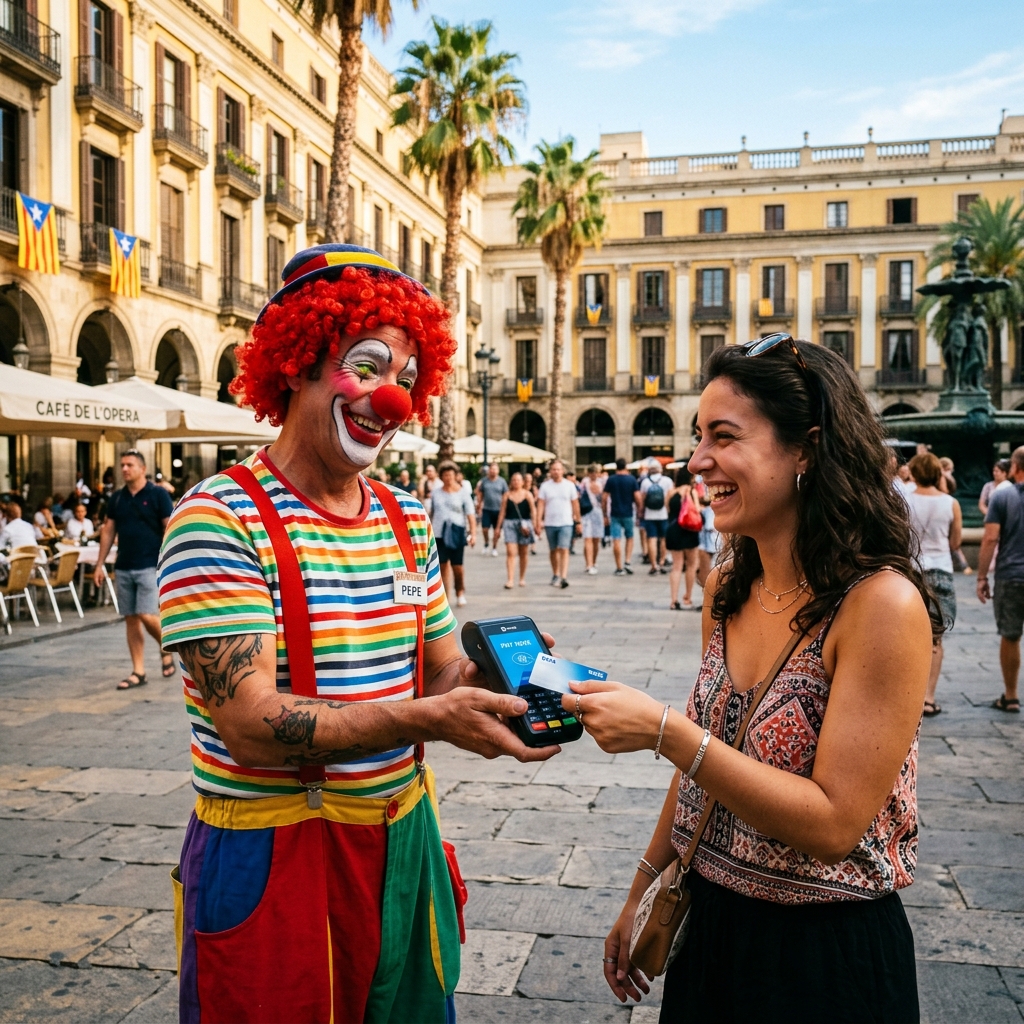 A street clown smiling while holding a contactless payment reader