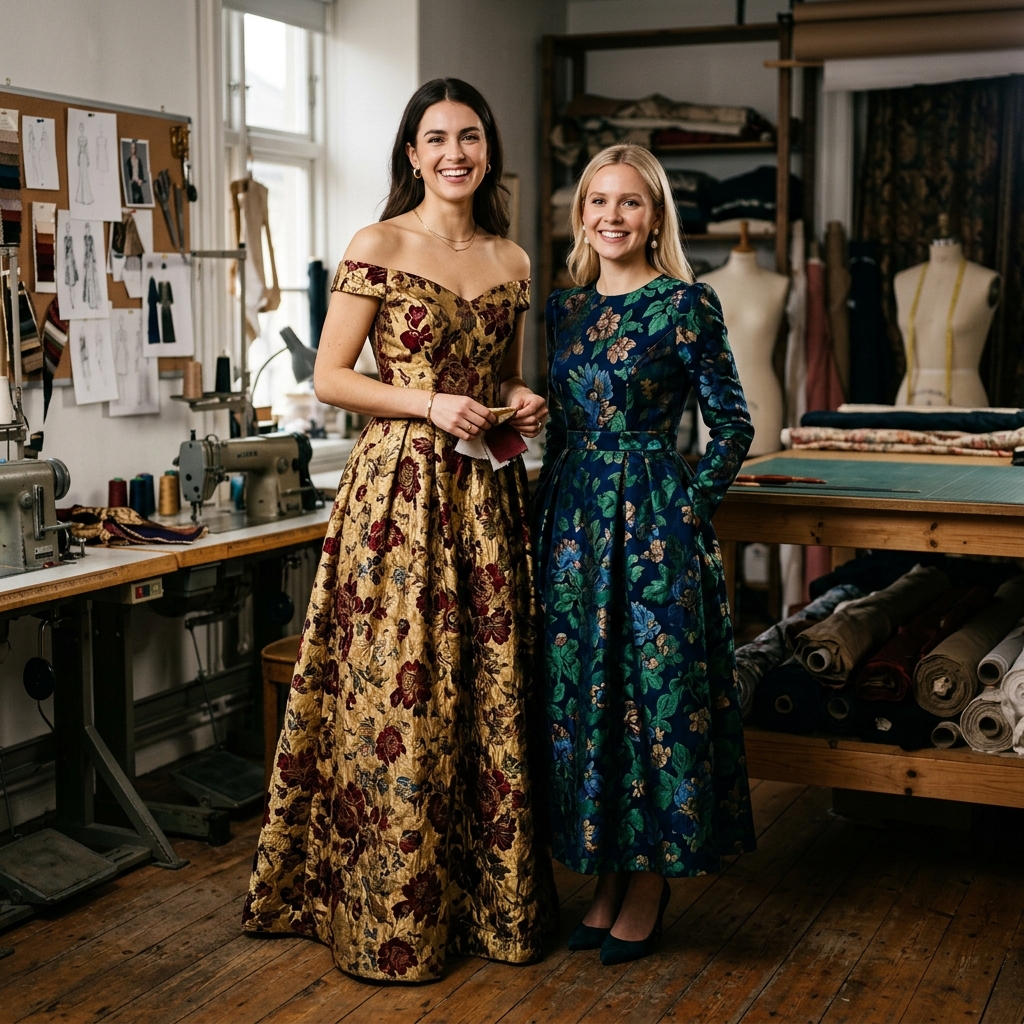 Image of two sisters wearing elegant evening dresses made from vintage curtains