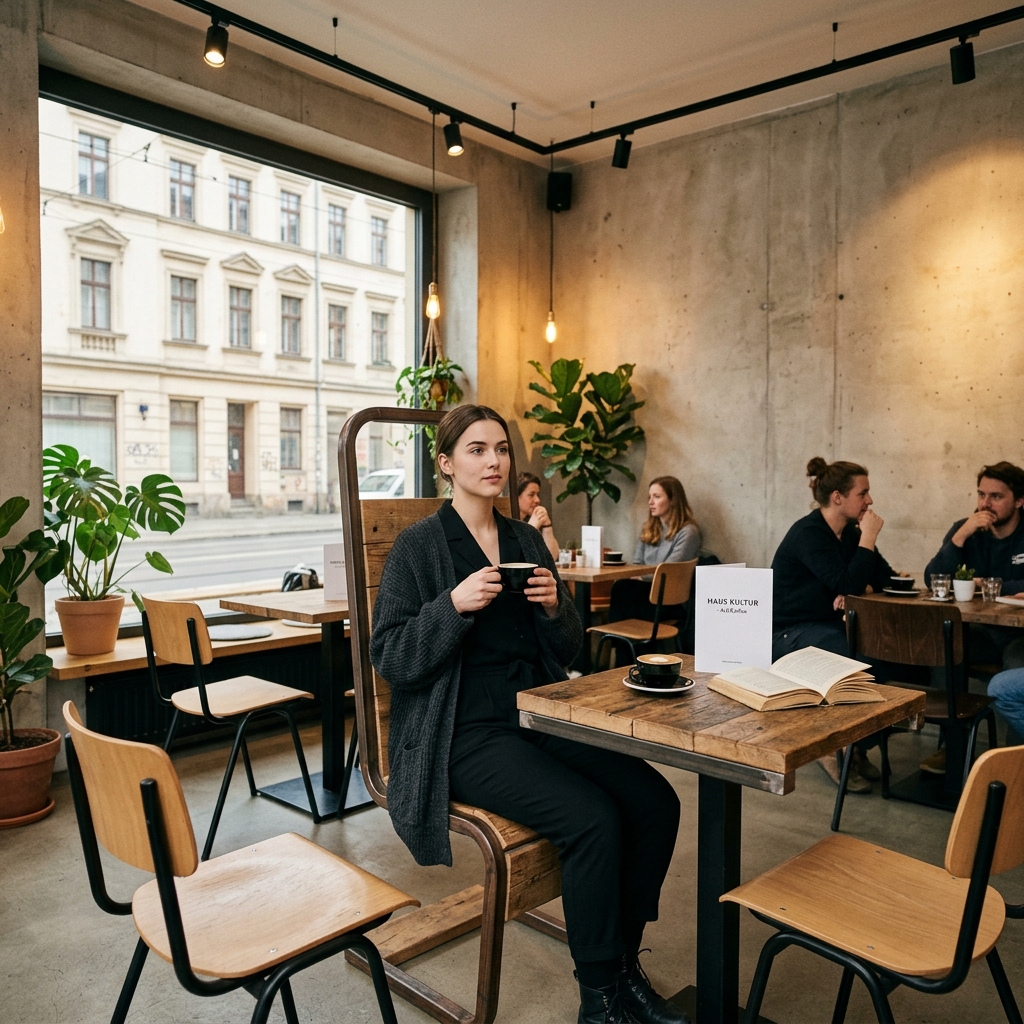 Trendy Berlin cafe with custom designer furniture and high art aesthetic