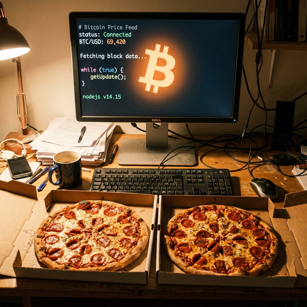 Two delicious pizzas sitting next to a computer monitor showing a Bitcoin logo