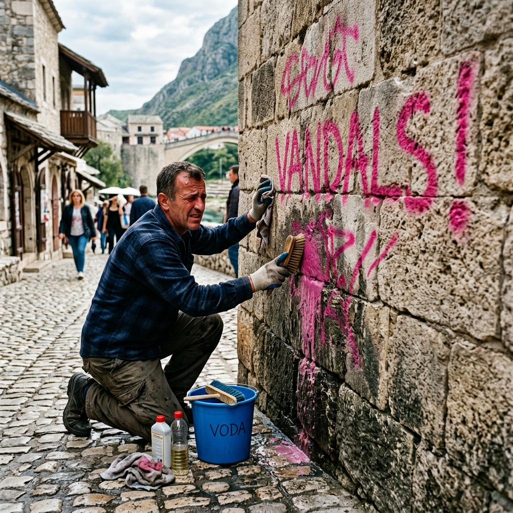 Frustrated local cleaning pink spray paint graffiti off historic Bosnian stone wall