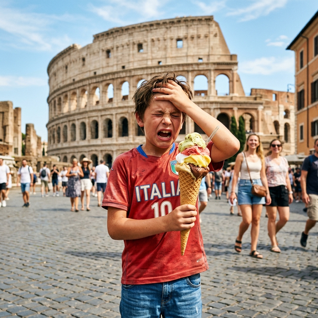 A young boy holding his head in pain while eating a large ice cream