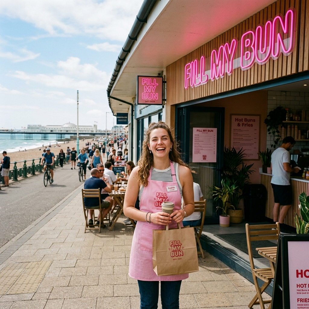 A smiling young business woman standing in front of her new Brighton restaurant