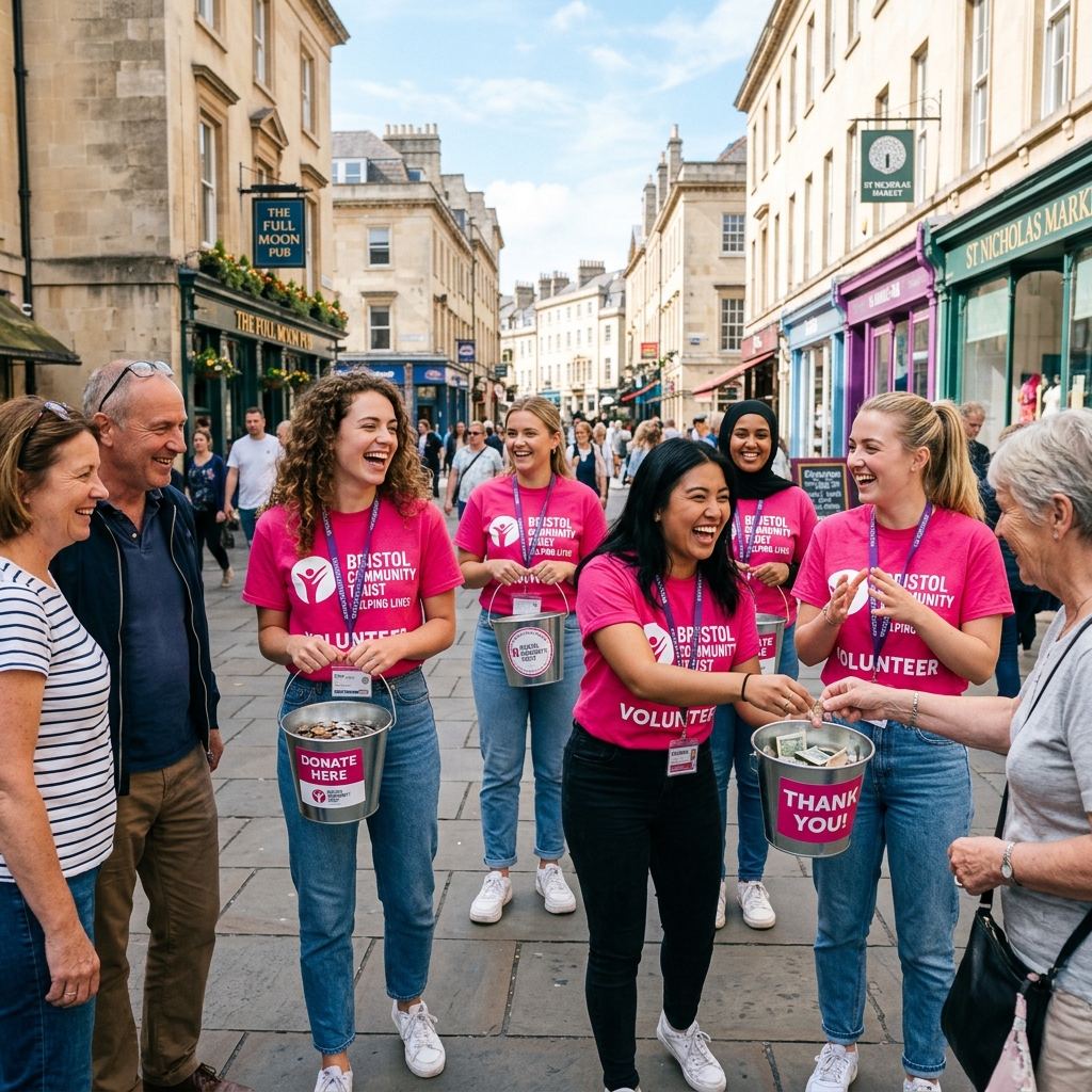 Confident female charity volunteers wearing bright branded pink t-shirts