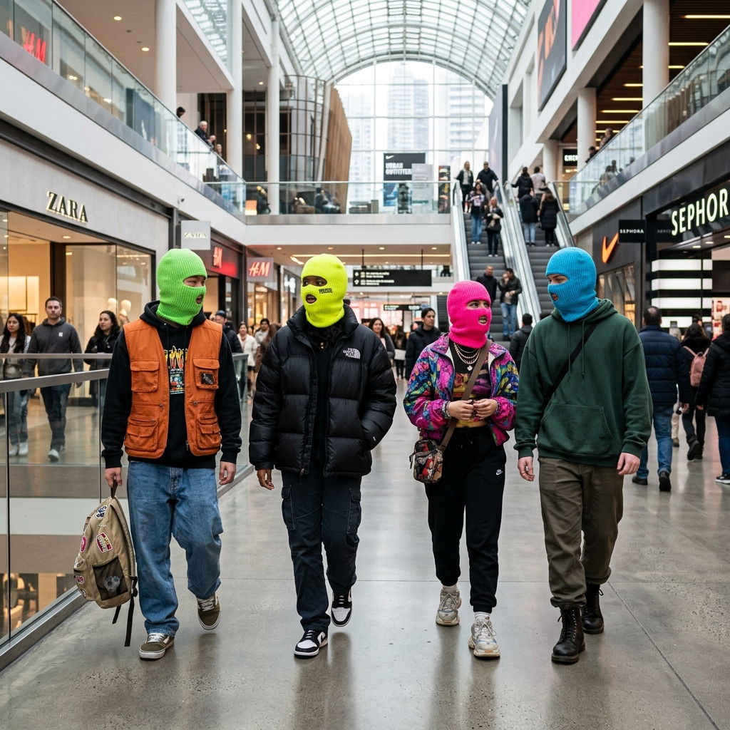 Image of teenagers wearing neon knitted balaclavas walking through a shopping centre
