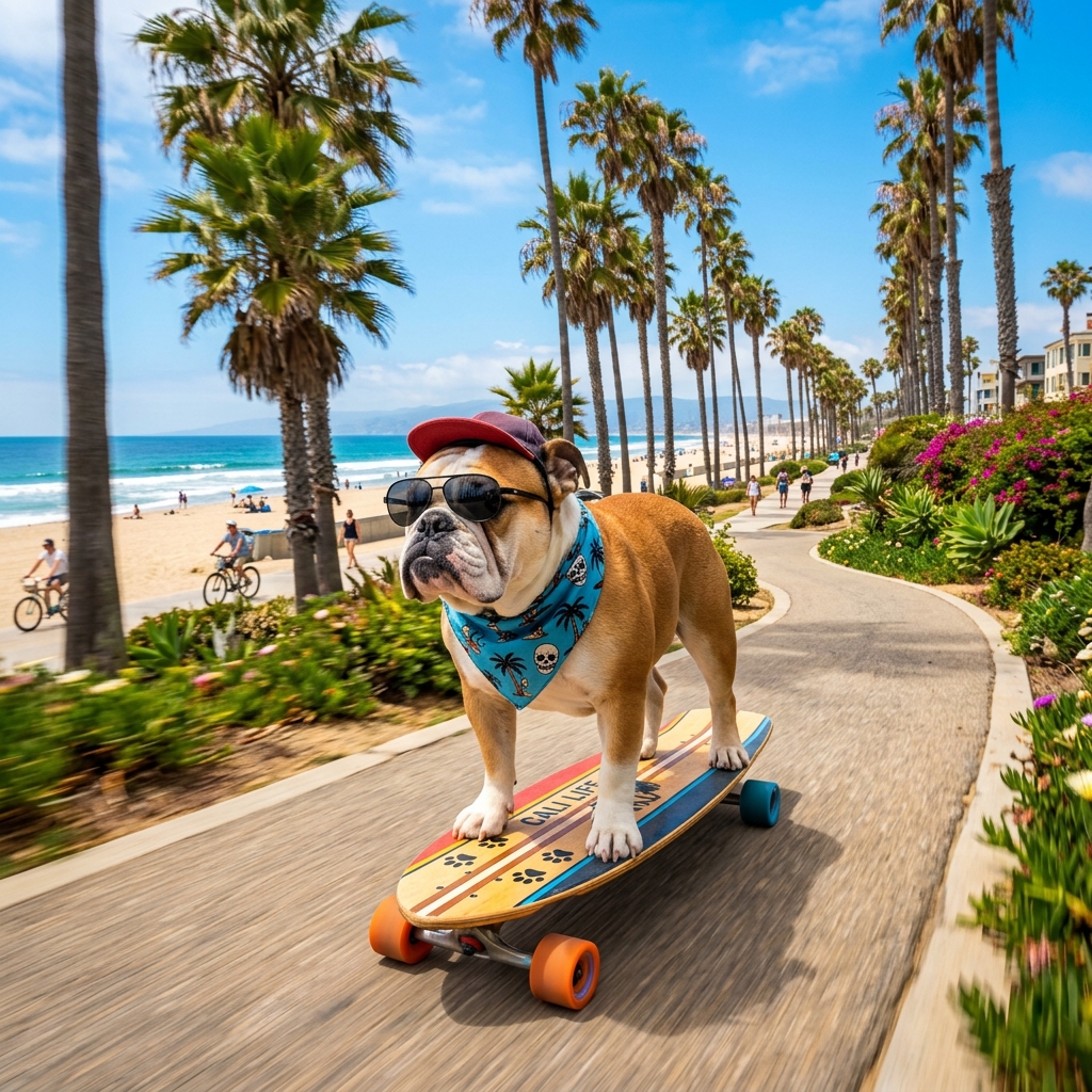 English bulldog confidently riding a skateboard down a sunny California beach path