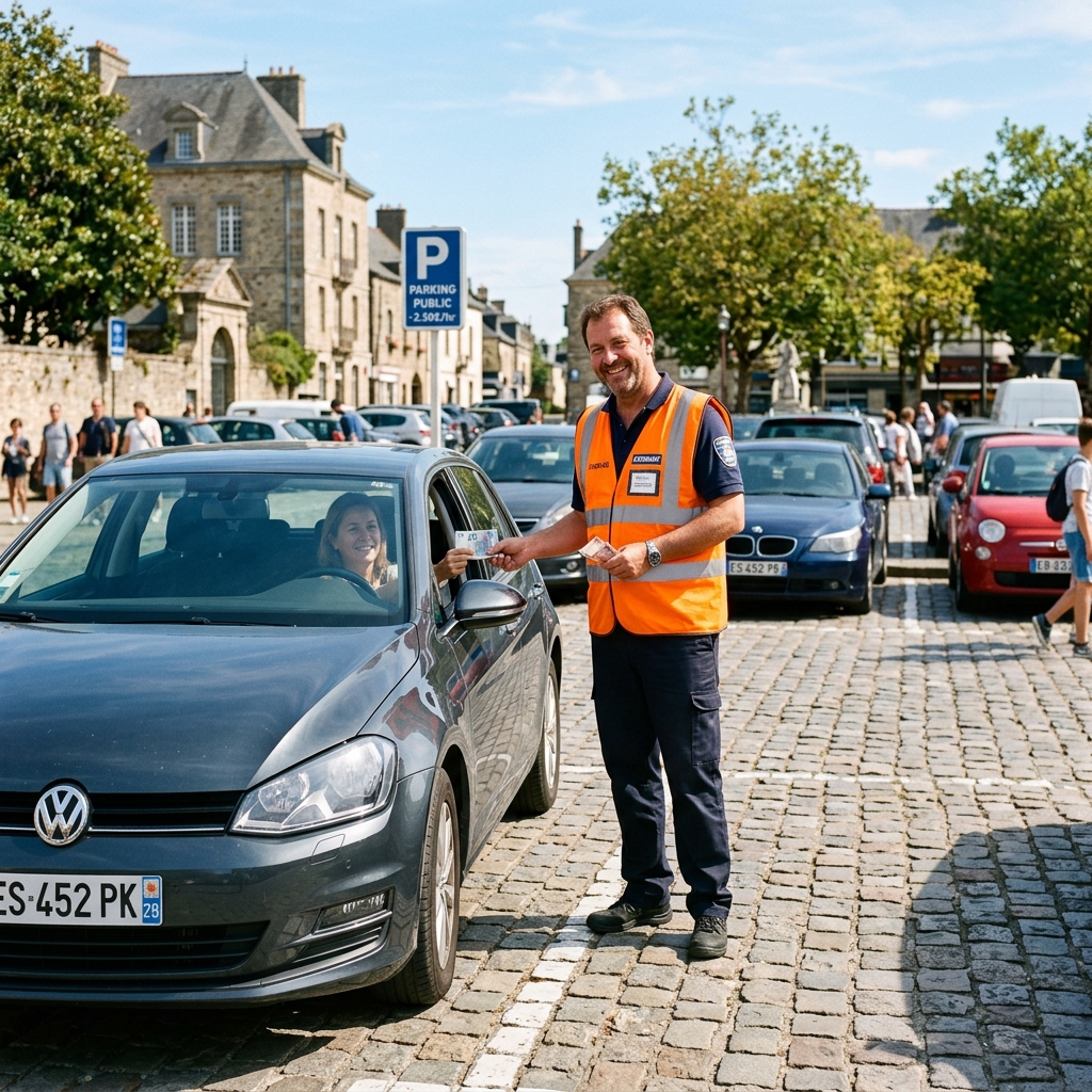 A friendly man in a high-visibility jacket standing in a public car park gesturing for payment