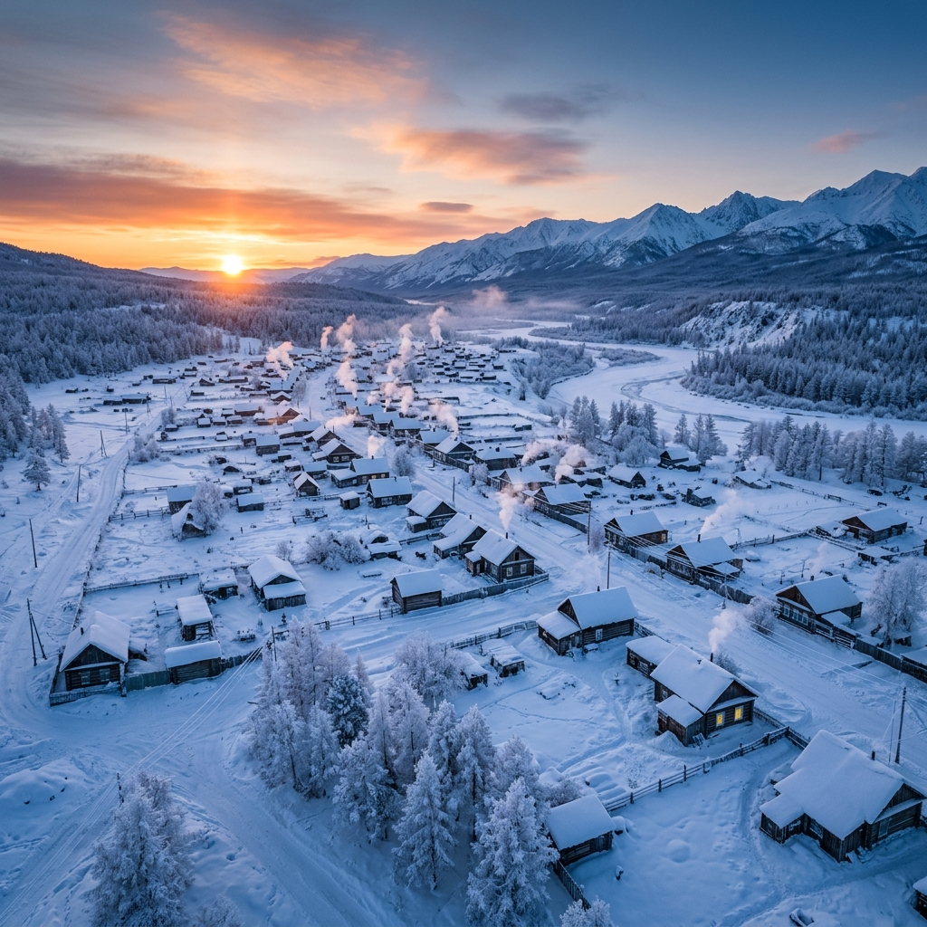 A breathtaking shot of the frozen village of Oymyakon at sunset