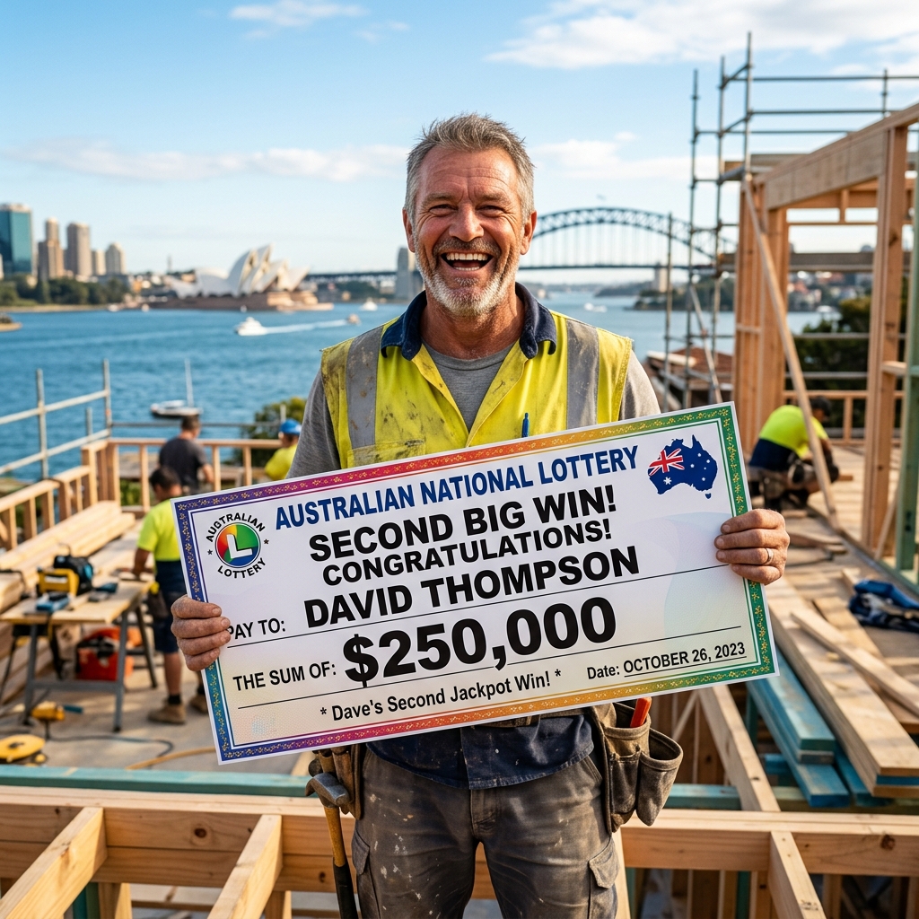 A happy man holding a large lottery check for the second time