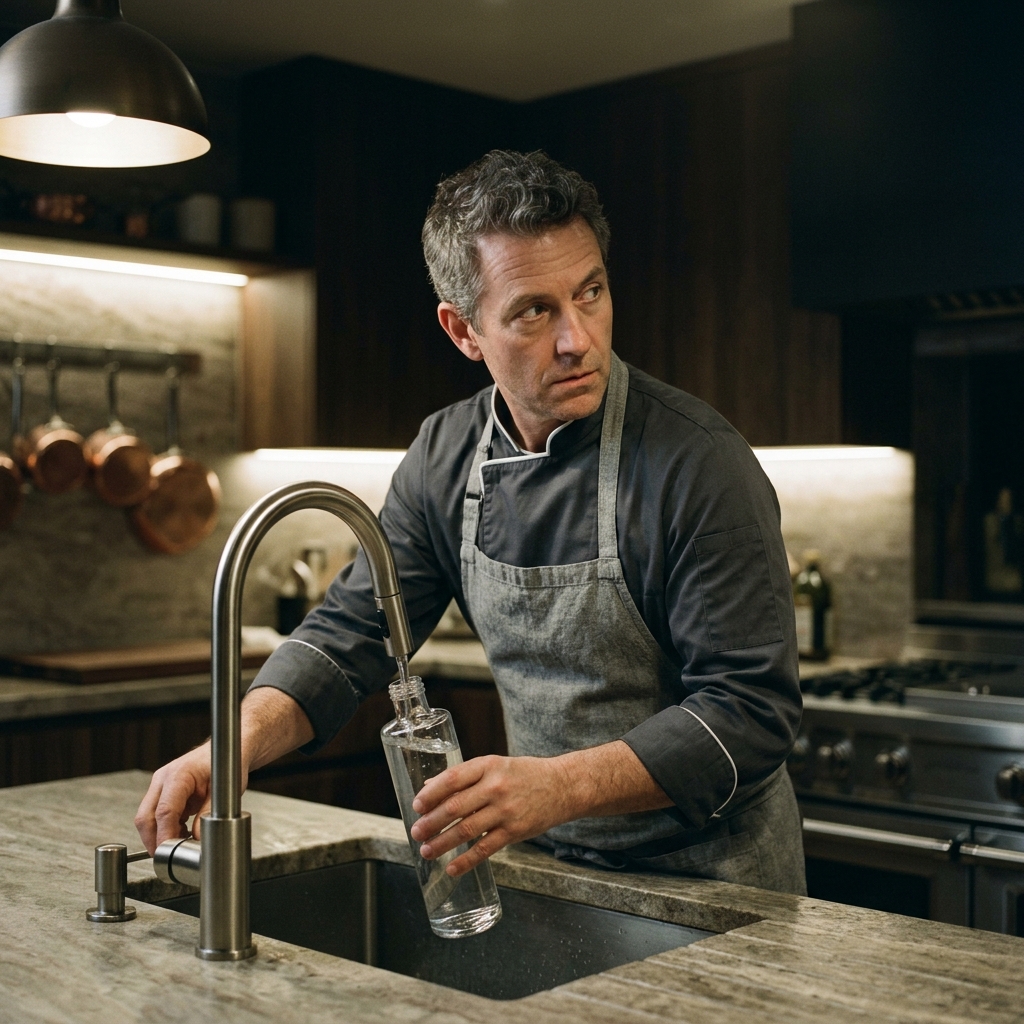 A chef secretly filling a luxury glass bottle from a kitchen sink tap