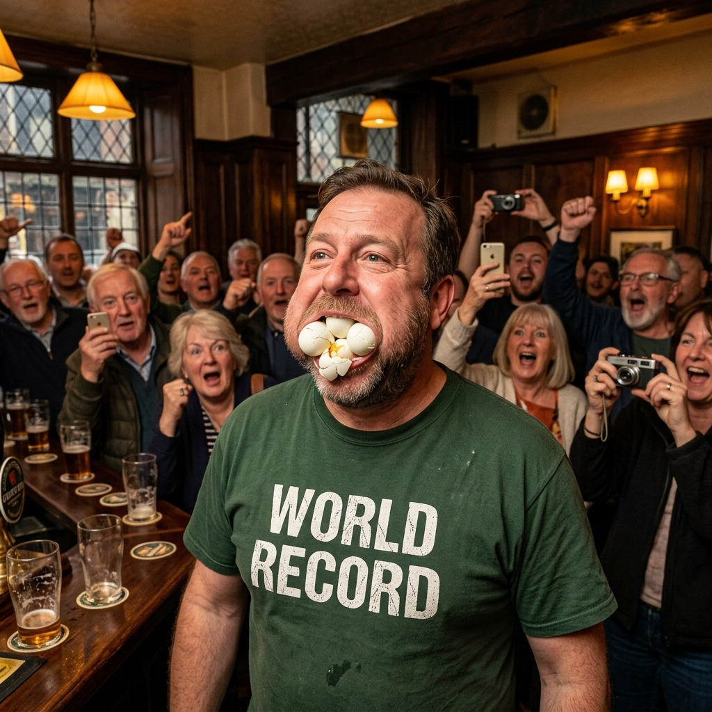 A man with an incredibly full mouth attempting a world record with eggs