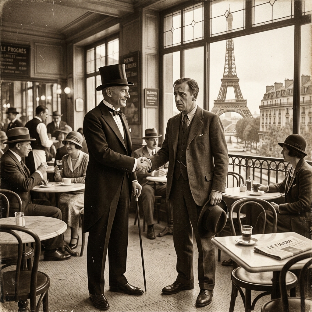 A sophisticated man in a suit looking at the Eiffel Tower with a hidden smile