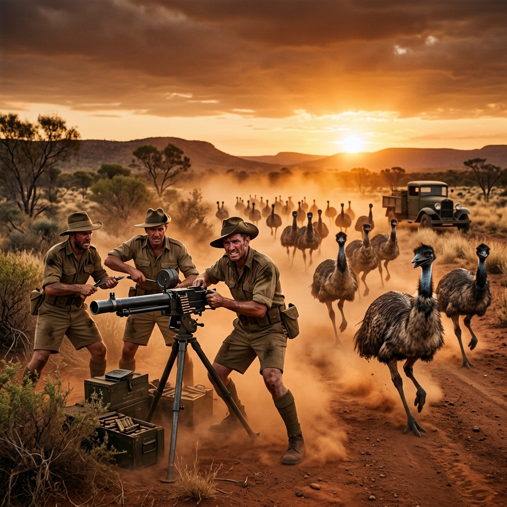 A humorous battle scene between Australian soldiers and emus