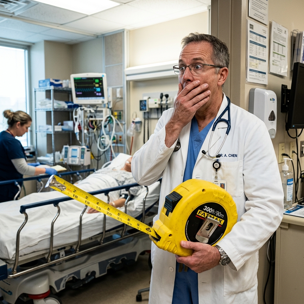 A doctor looking shocked holding a massive tape measure