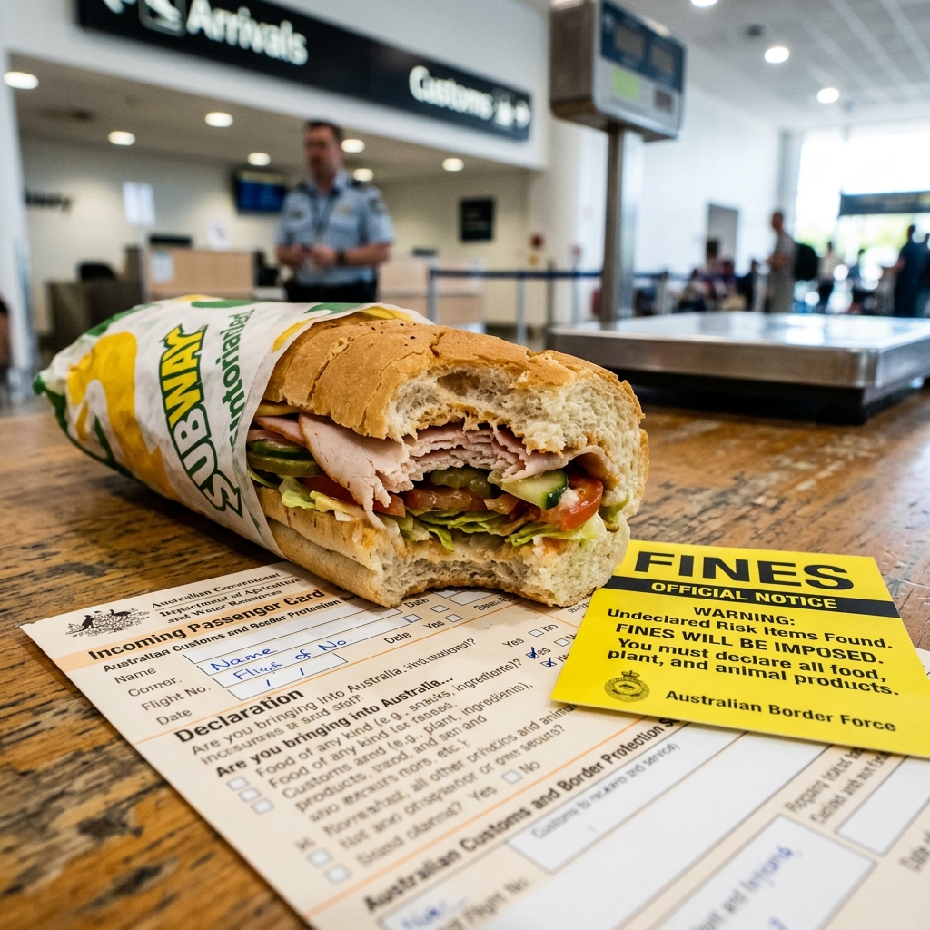 A photo of a standard Subway sandwich wrapper on an airport security tray
