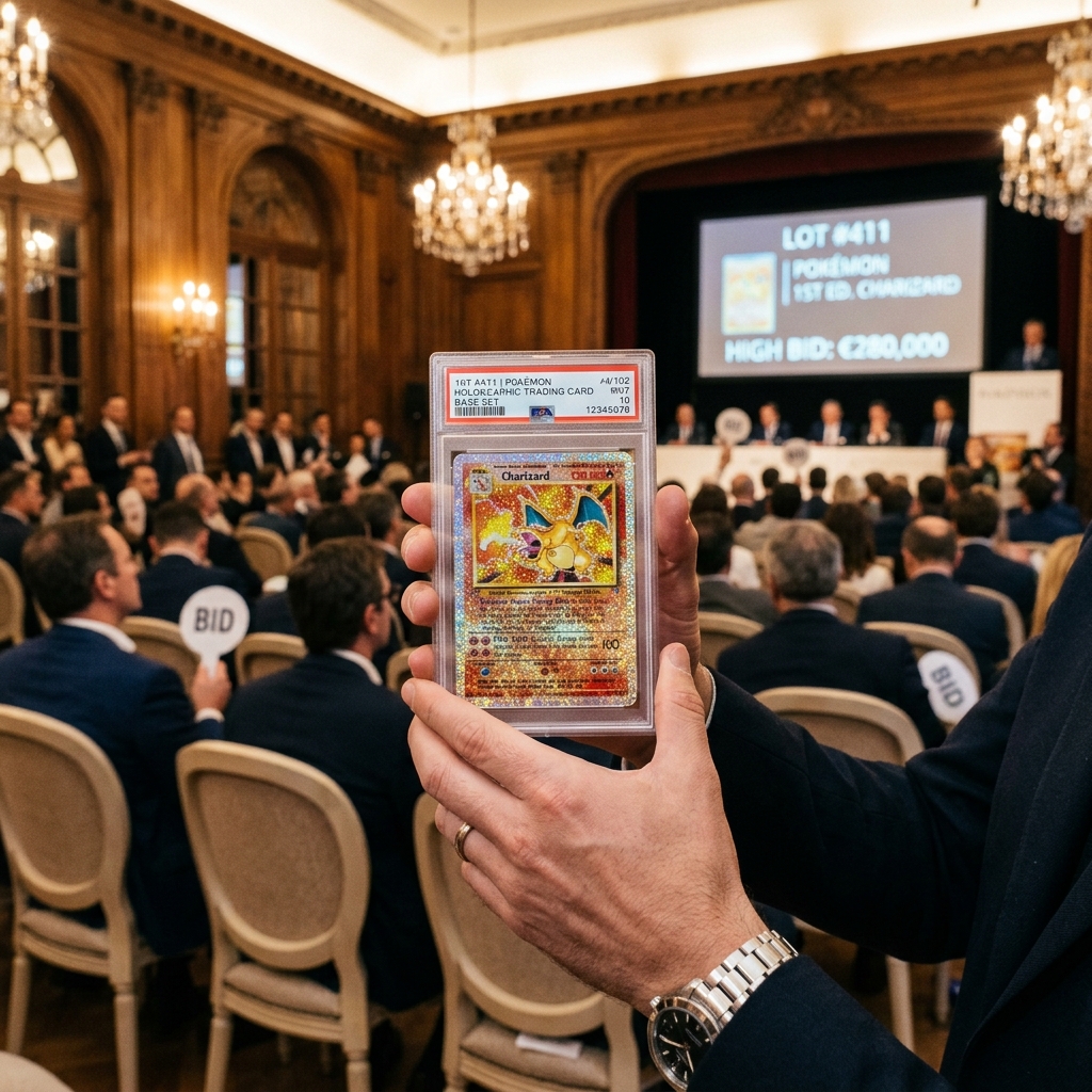 Rare first-edition anime holographic trading card displayed at an auction in Paris