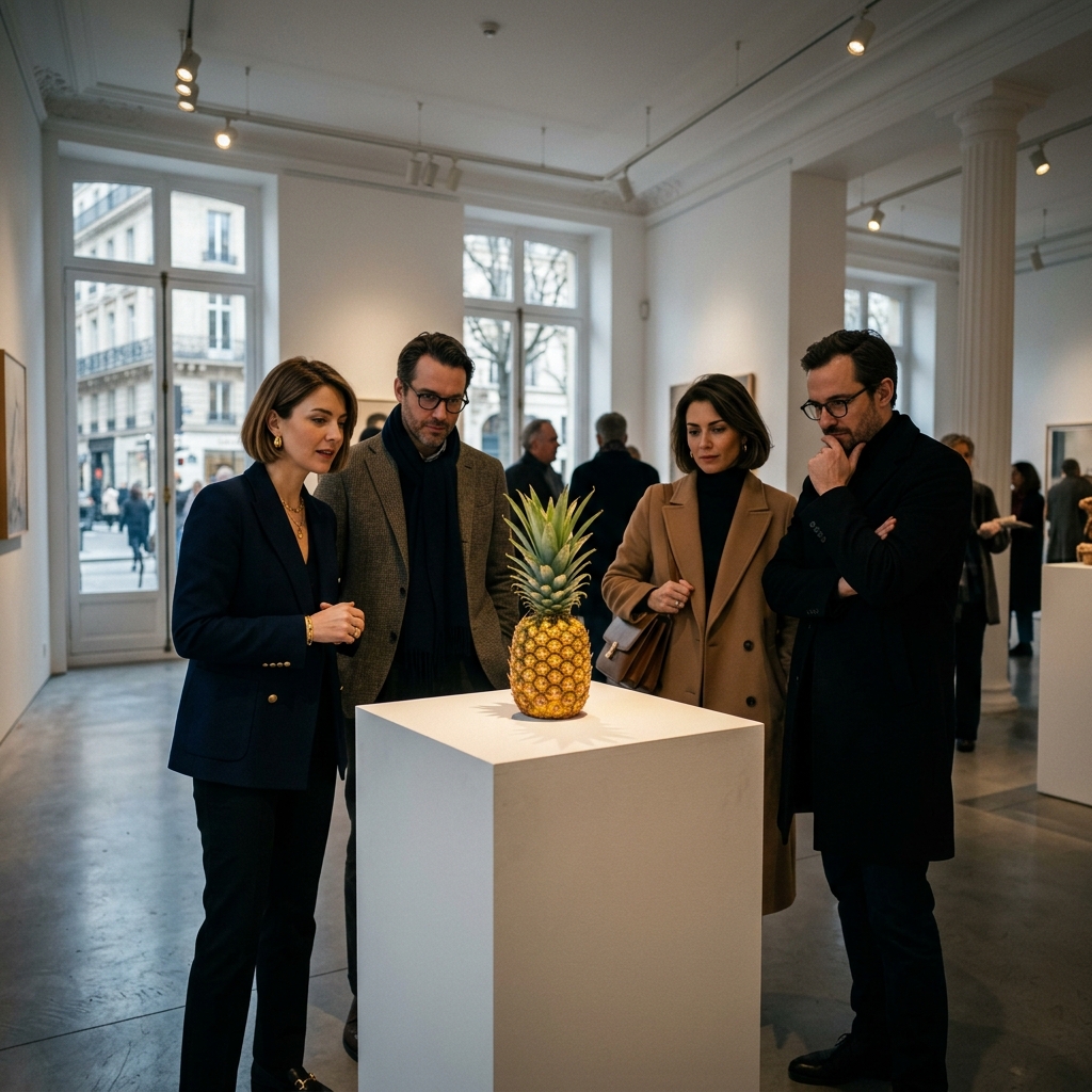 A minimalist art gallery in Paris featuring various types of fruit displayed on white pedestals