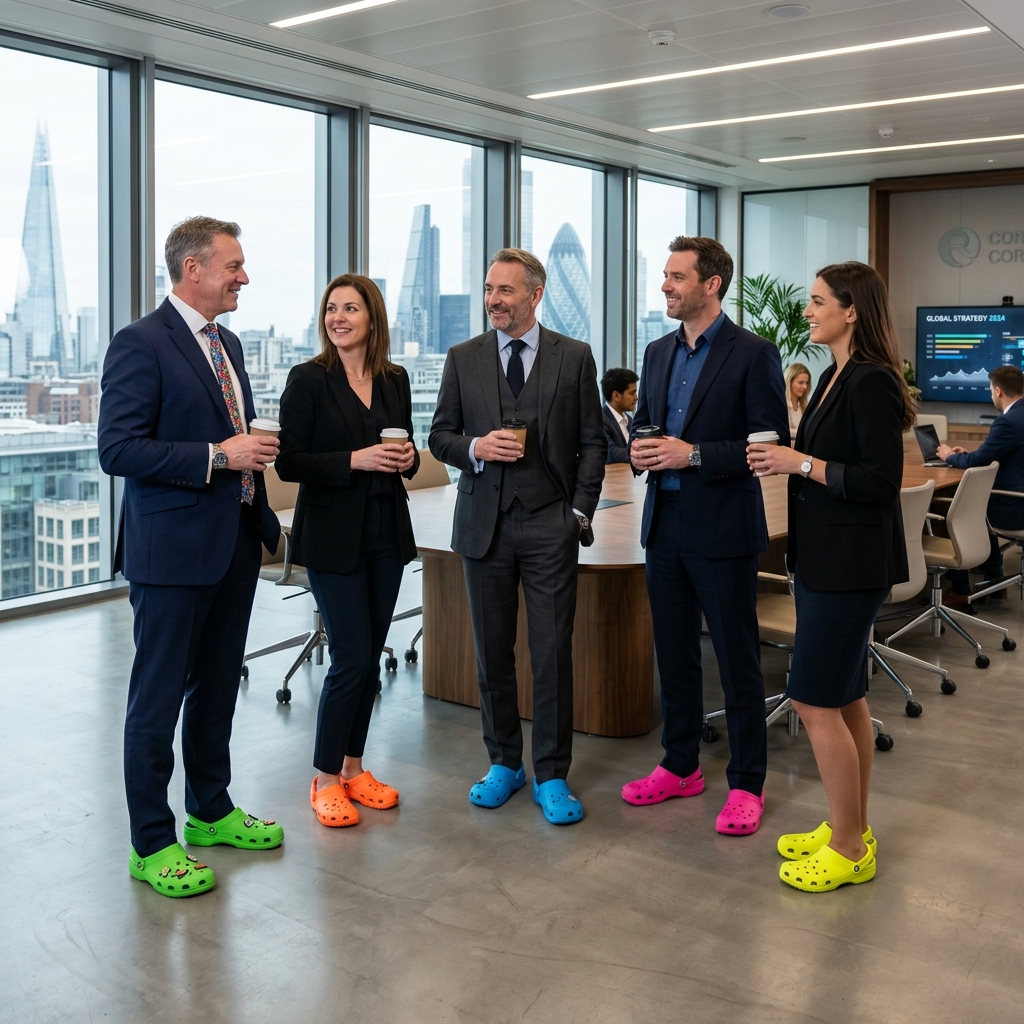 Image of corporate executives wearing expensive suits and bright neon rubber Crocs
