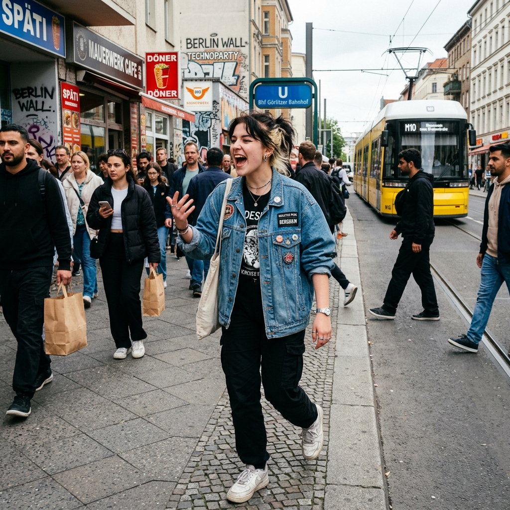 A smiling Chinese tourist talking to a German TV reporter holding a microphone in a busy street