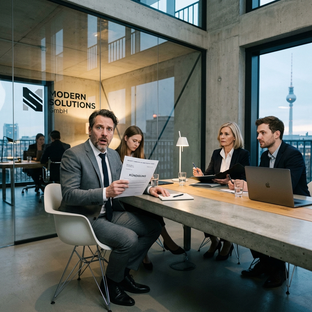 Tense corporate human resources meeting in a modern German office