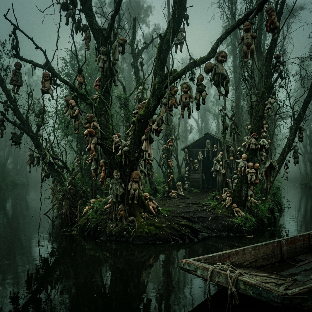 A creepy shot of thousands of decaying dolls hanging from trees on a Mexican island