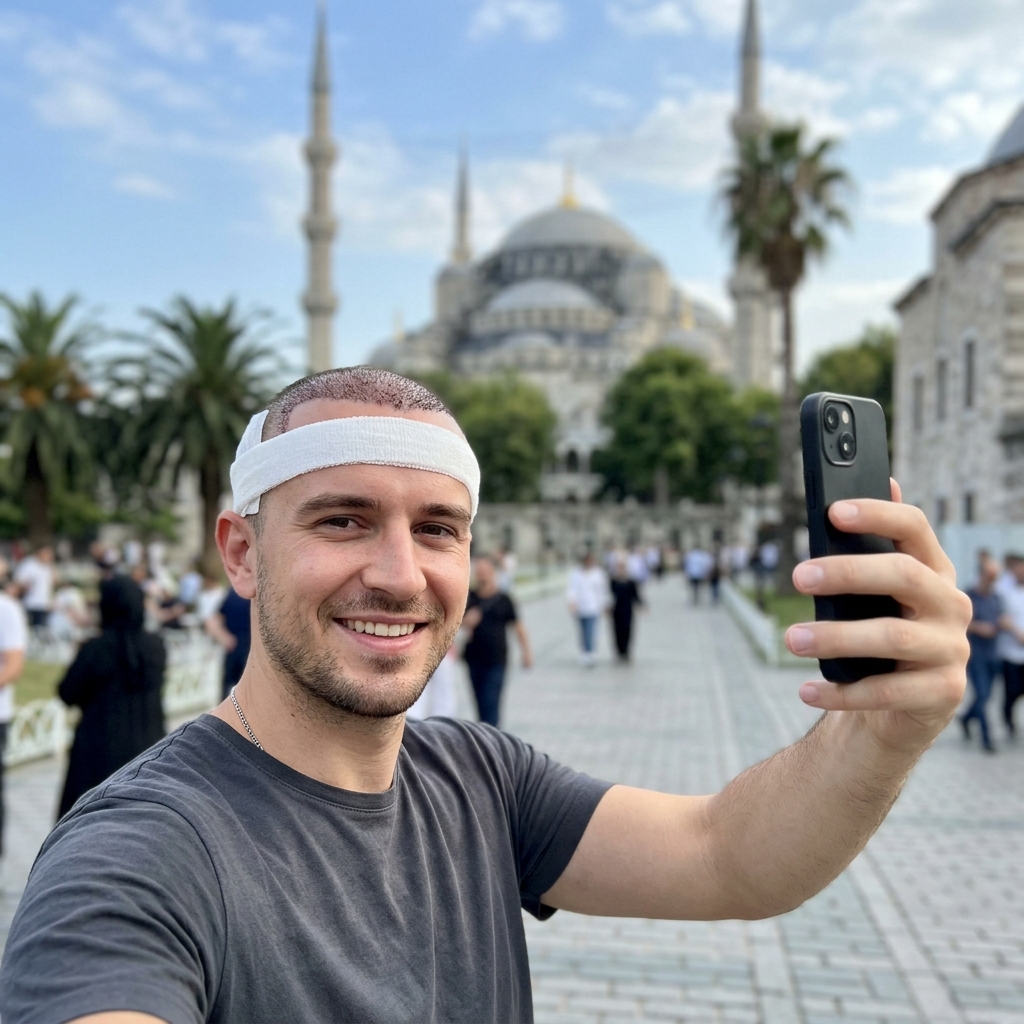 A happy male tourist in Istanbul wearing a surgical headband after a hair transplant