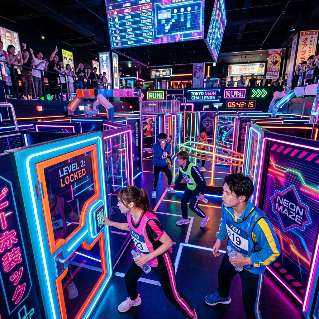 Contestant walking through a colorful neon-lit mirror maze in Tokyo