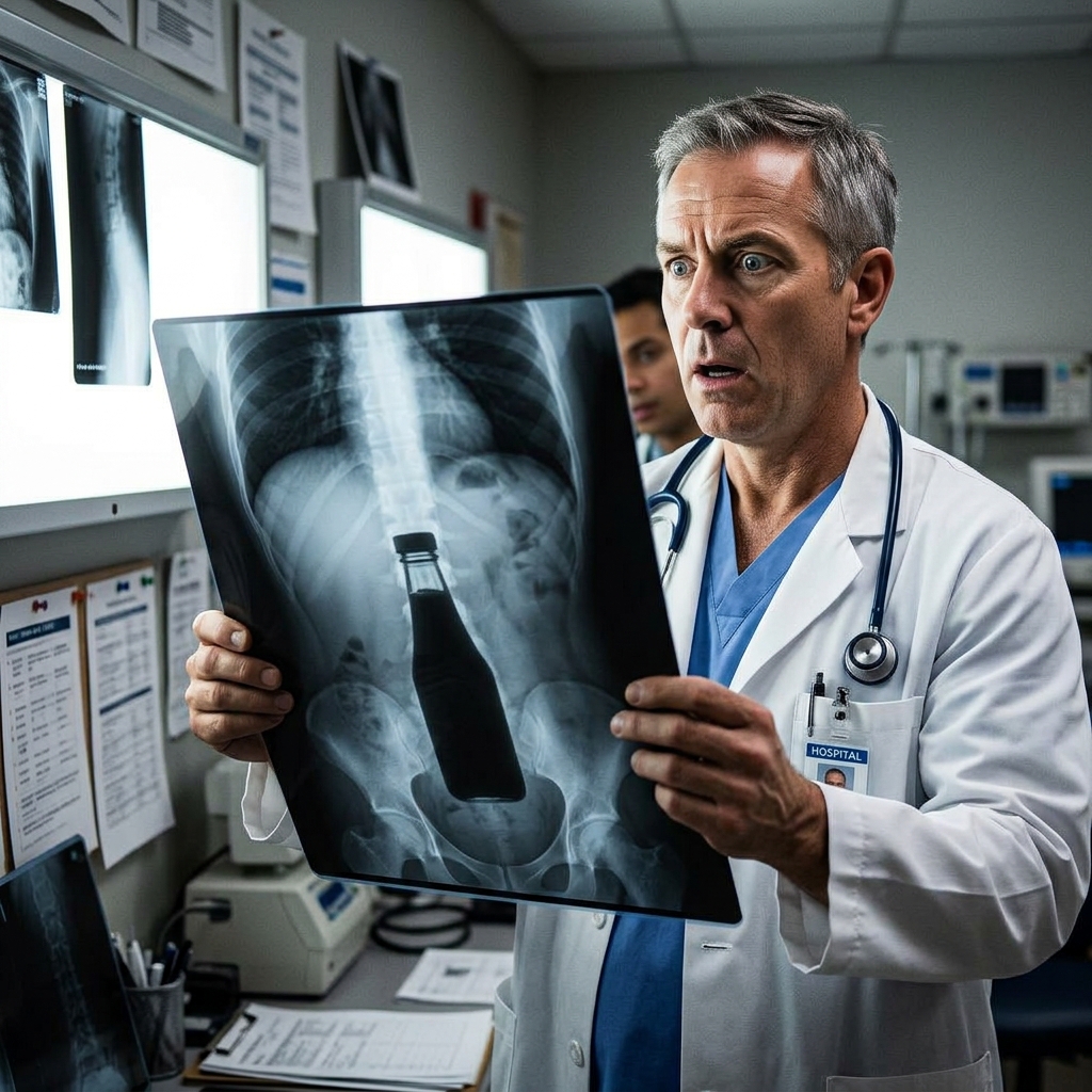 A doctor holding up a medical X-ray showing a bottle-shaped object inside a human body