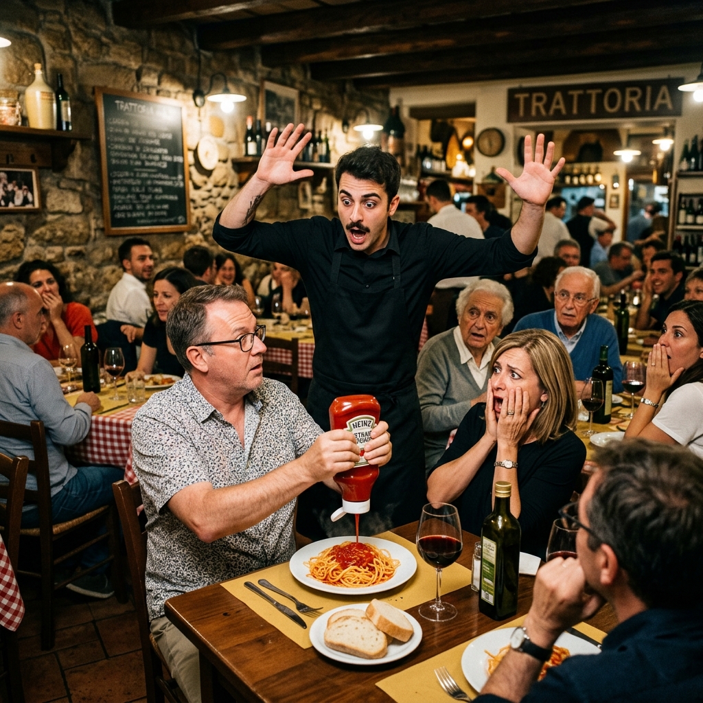 A shocked Italian waiter looking at a bottle of ketchup on a white tablecloth in a traditional Roman trattoria