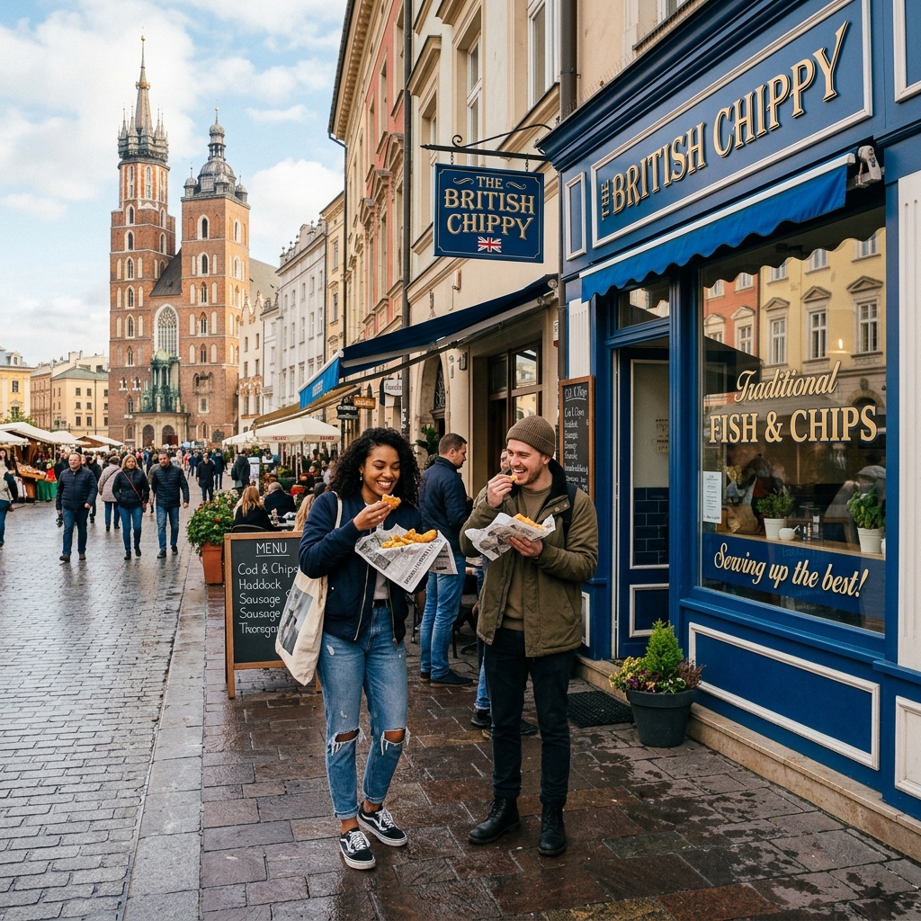 Traditional British fish and chip shop facade in Krakow main square