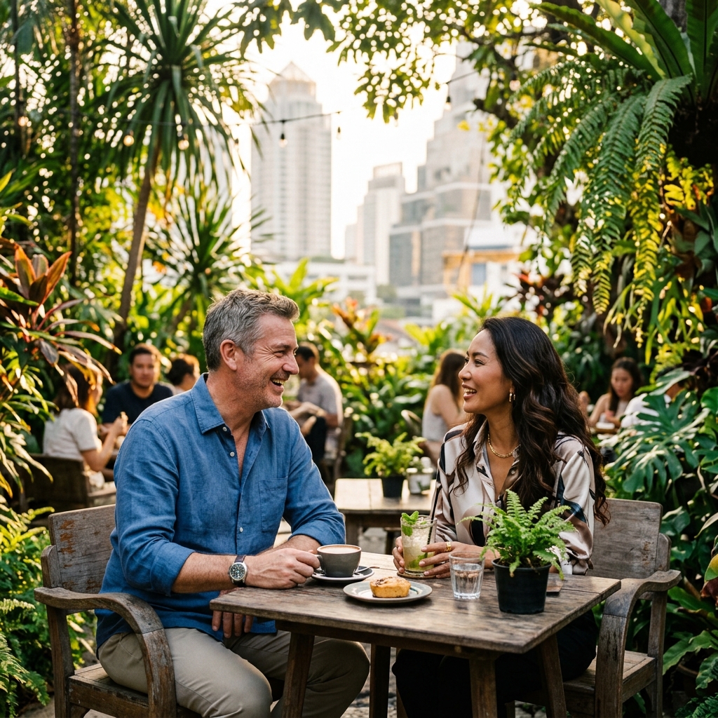 A candid shot of a man sitting in a tropical café in Bangkok