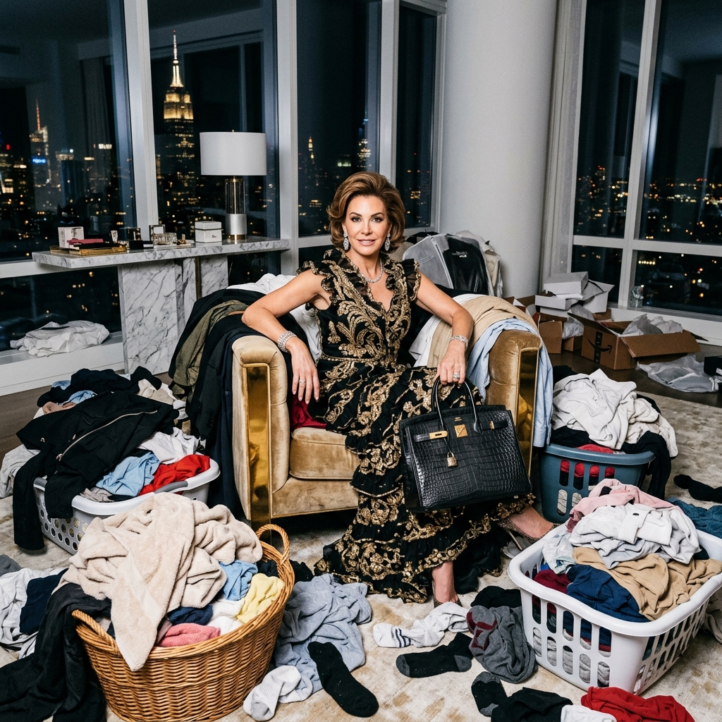 A woman holding a luxury handbag sitting in a room filled with piles of dirty laundry