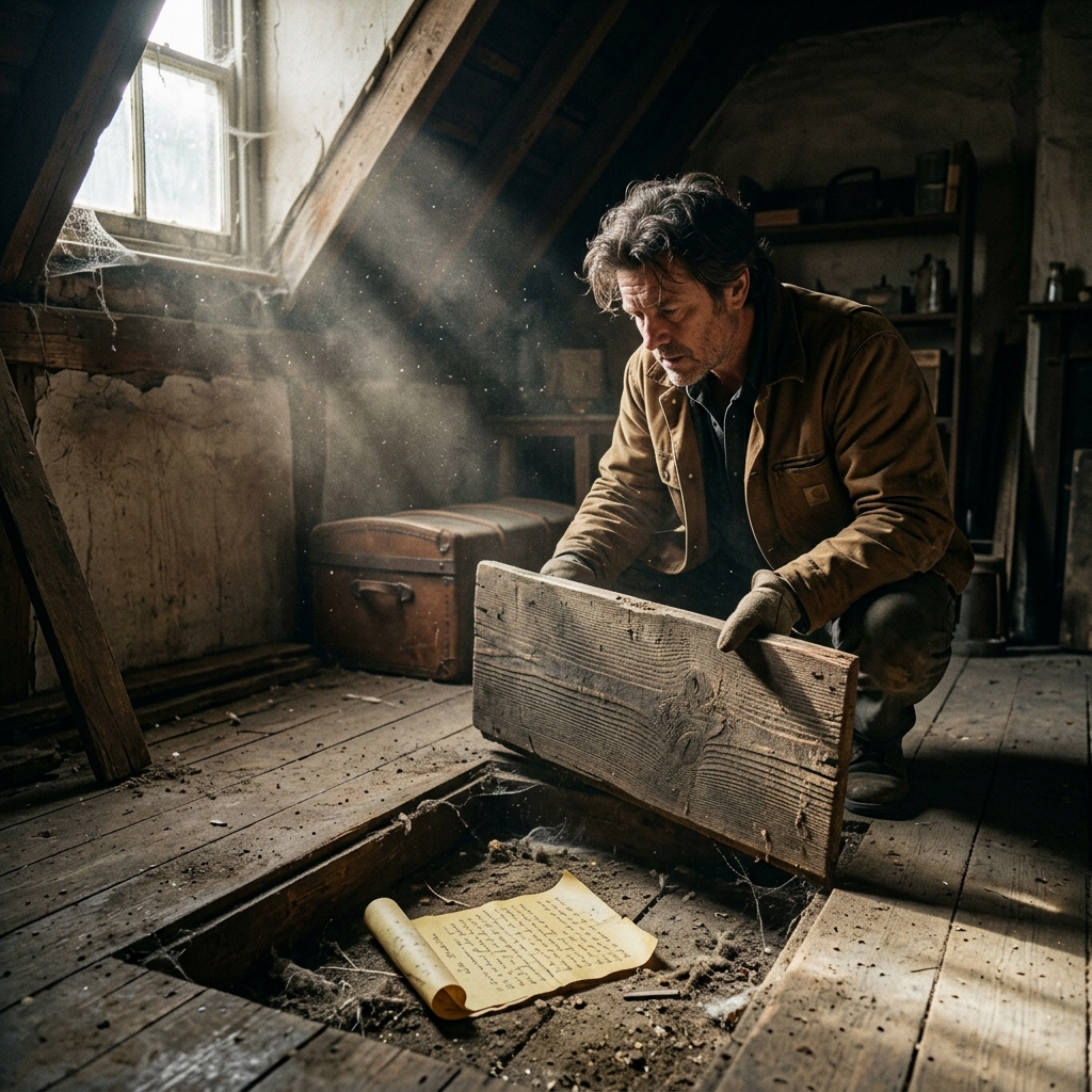 An old, yellowed letter with beautiful handwriting, found among dust and debris under wooden floorboards