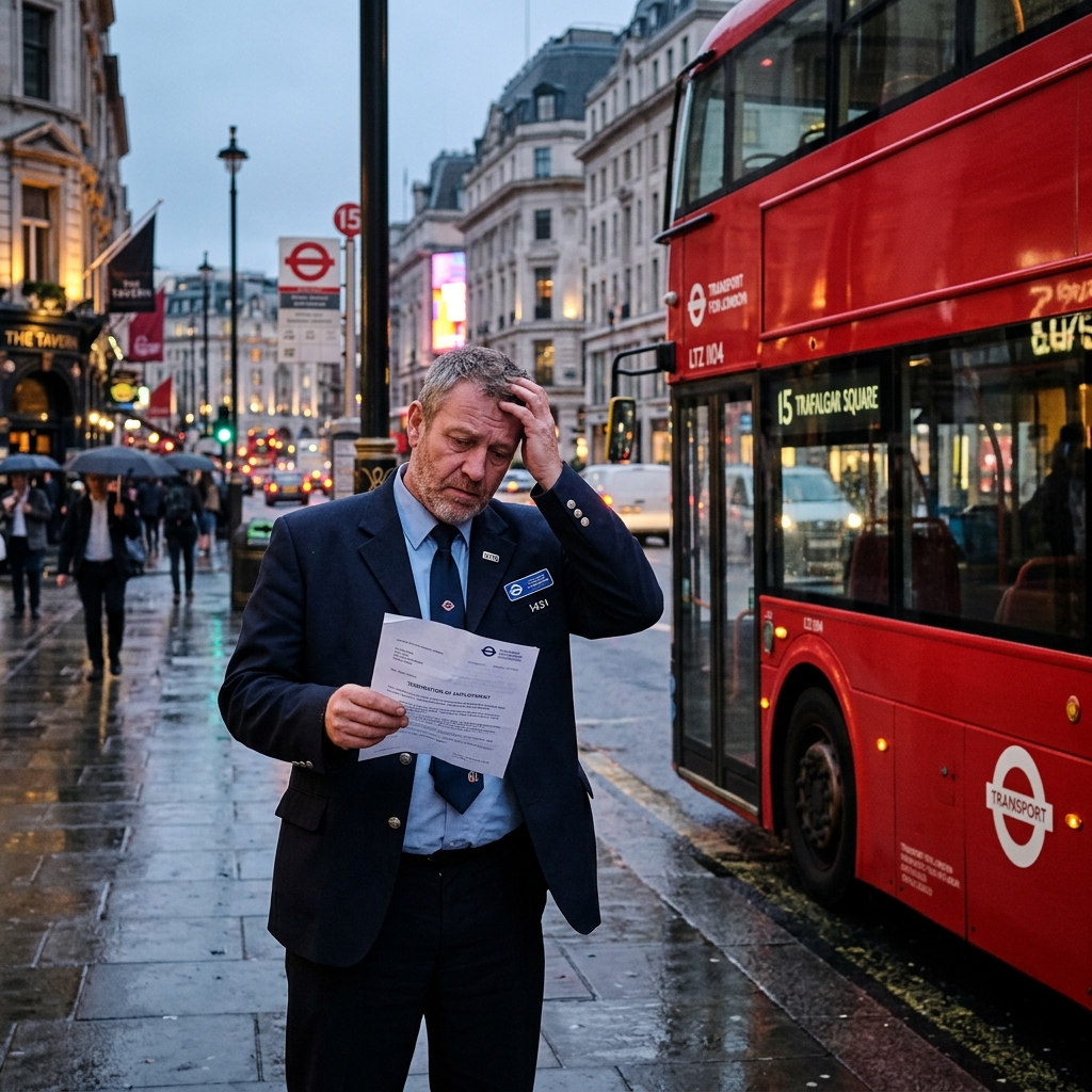 Image of a frustrated London bus driver holding an official termination letter