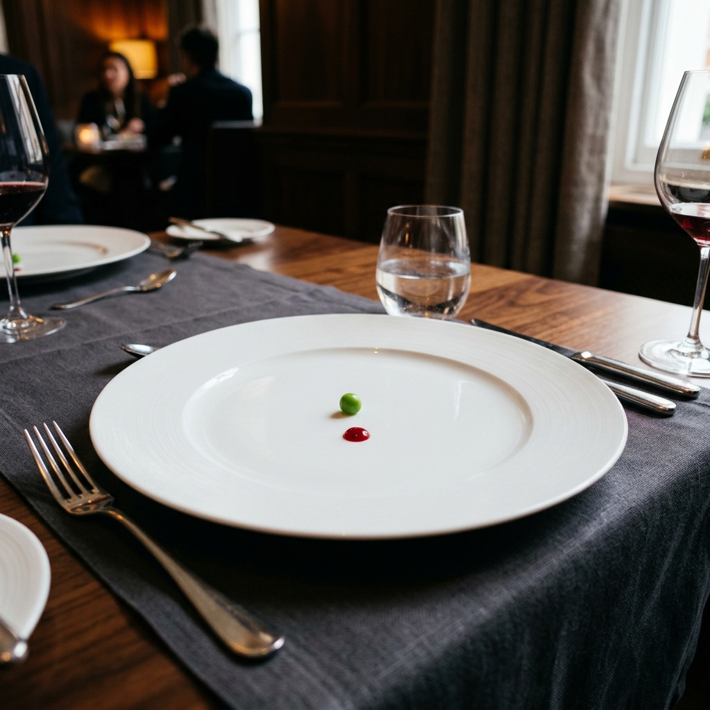 A microscopic fine-dining portion served on a massive white plate