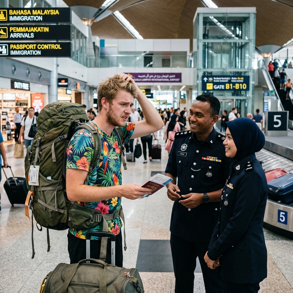 A stressed British tourist being questioned by police officers at an airport