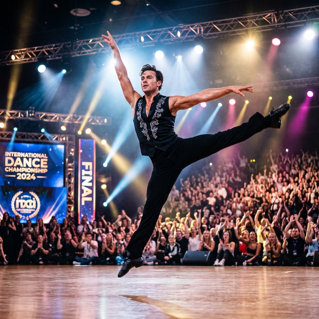 A professional male dancer performing dynamically on stage while a crowd cheers