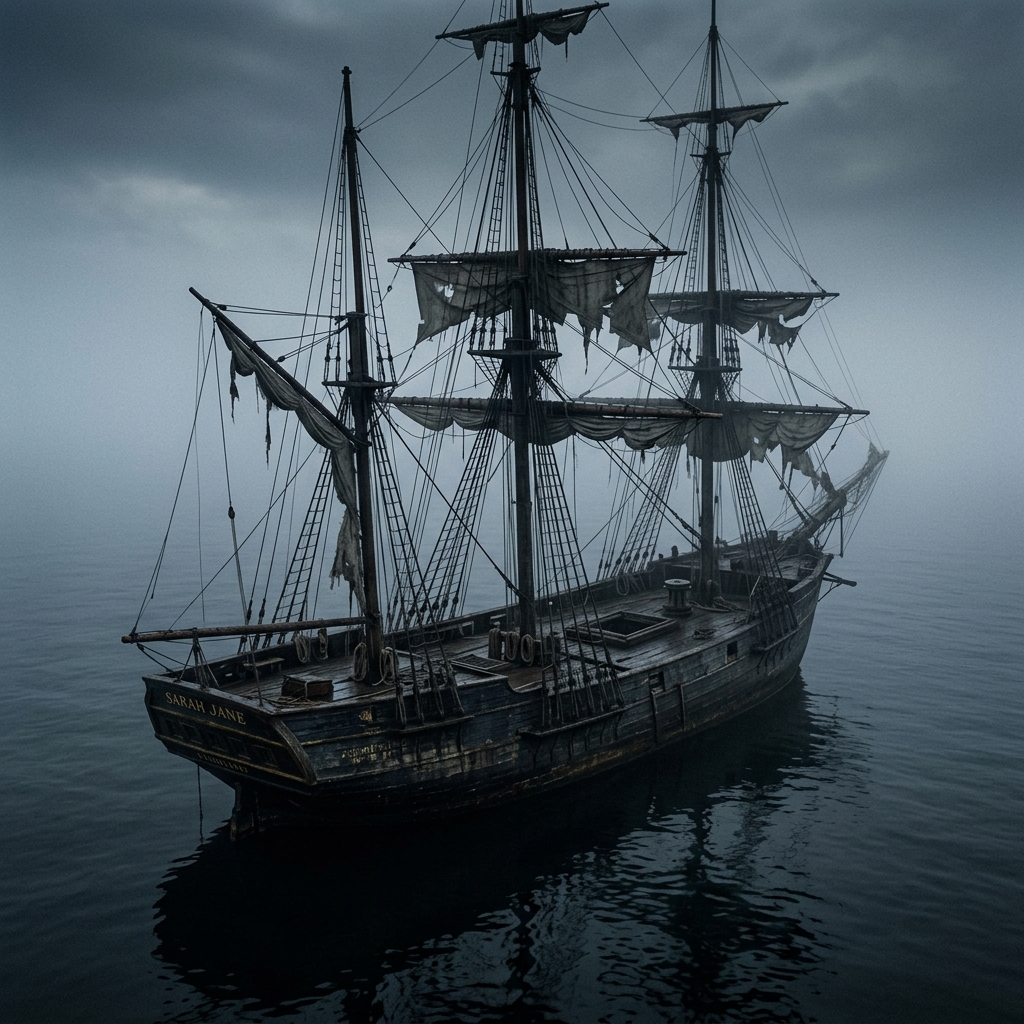 A haunting image of a ghost ship drifting in the misty Atlantic Ocean