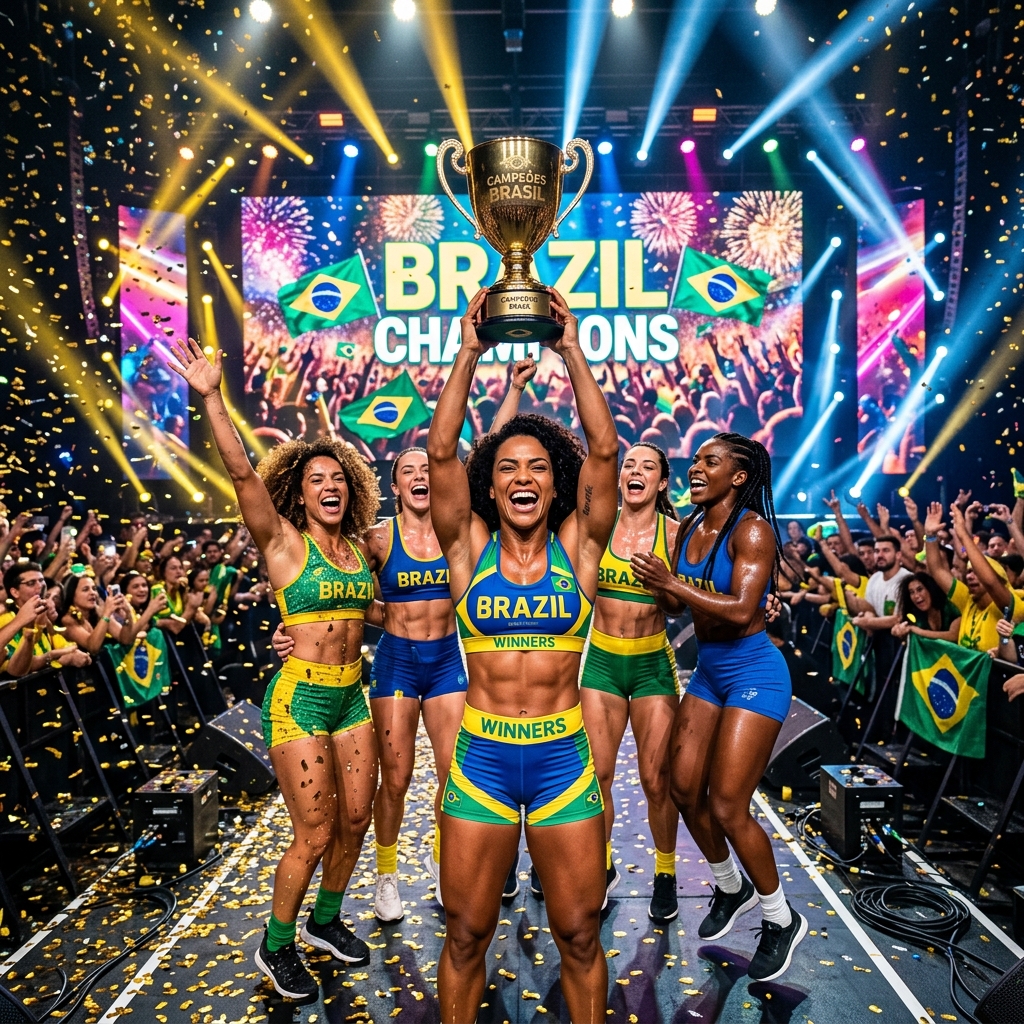 A group of Brazilian women in athletic wear celebrating on a stage with a gold trophy